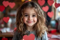 Smiling young girl with curly hair wearing gray sweater with heart decoration against blurred Valentine's Day background with red heart shapes.