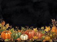 Autumn harvest arrangement with orange, green, and white pumpkins, gourds, and golden foliage on dark background. Suitable for fall seasonal designs, thanksgiving graphics, and harvest-themed projects.