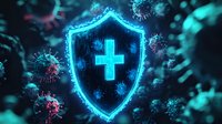 Glowing medical shield with cross symbol protecting against virus particles in dark blue and red tones, concept of health protection and immunity defense.