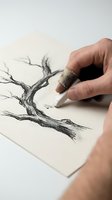 Artist hand drawing detailed tree sketch with charcoal pencil on paper, creative process of botanical illustration for art education and design projects.