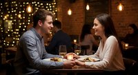 Young couple enjoying romantic dinner date at upscale restaurant with warm lighting and wine glasses creating intimate atmosphere for special occasion celebration.
