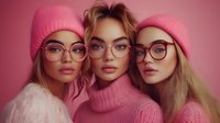 Three young diverse women wearing pink knit sweaters and beanies with trendy eyeglasses pose together against pink background, creating stylish fashion portrait.