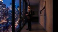 Professional businesswoman in elegant suit standing by floor-to-ceiling windows overlooking illuminated city skyline at dusk in modern office building.