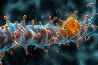 Orange and blue virus particles with spiky surface proteins floating in dark space, microscopic view showing detailed viral structure and biological patterns.