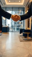 Two business professionals in dark suits shaking hands in a modern corporate lobby, symbolizing partnership, deal, or agreement.