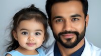 Caring South Asian father in white medical coat with young daughter portrait against gray background, expressing warmth and trust in healthcare setting.