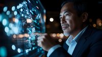 Asian businessman analyzing digital data visualization on futuristic transparent display in dark office with bokeh lights. Technology innovation concept.