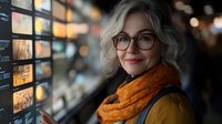 Middle-aged Caucasian woman with glasses and orange scarf browsing art gallery wall display, cultural lifestyle and leisure activities concept.