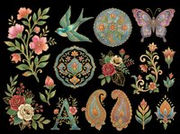 Embroidery-style floral clipart set with butterfly, bird, paisley, roses, and ornate letter A, isolated on transparent background for sublimation and t-shirt design.