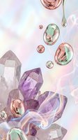 Floating crystals and metallic spheres create dreamy holographic composition with purple amethyst gems and iridescent bubbles on soft pastel background.
