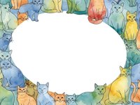 Colorful watercolor cats frame border with white copy space center for text, greeting cards, invitations and pet-themed designs on transparent background.