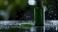 Green glass bottle with black cap and cucumber slice on wet surface with water droplets against blurred natural background for skincare and cosmetics.