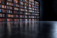 Modern library interior with illuminated bookshelves stretching across dark wall, reflecting on glossy black floor. Dramatic lighting creates mysterious atmosphere.