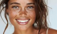 Close up portrait of young woman with natural freckles and radiant smile showing white teeth against light background, fresh glowing skin and natural makeup.