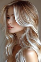 Side profile of young woman with luxurious blonde balayage hair featuring soft waves and highlights against neutral background. Perfect for hair salon advertising.