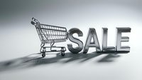 Silver metallic shopping cart next to bold chrome SALE letters on light background, perfect for retail promotions, discount banners, and e-commerce ads.
