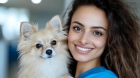 Young woman with long dark curly hair wearing blue shirt smiling while holding small cream-colored Pomeranian dog with bright blue eyes in modern indoor setting.