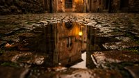Wet cobblestone street at night reflects warm lantern light, creating atmospheric urban scene for moody backgrounds and editorial use.