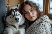 Young woman with long brown wavy hair wearing cozy knit sweater relaxing at home with Siberian husky dog. Close up portrait in warm natural window light.