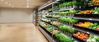 Modern grocery store produce section with fresh vegetables and fruits displayed on shelves under bright lighting for healthy shopping experience.