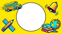 School bus, pencil, bell, and globe with books surrounding white circle on yellow background, isolated clipart for educational designs, posters, and learning materials.