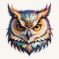 Colorful owl head with geometric patterns and vibrant feathers in artistic style on light background. Fierce expression and detailed plumage create striking design.