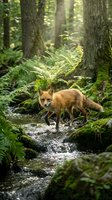 Red fox wading through shallow forest stream surrounded by moss-covered trees and lush green ferns in natural woodland habitat.
