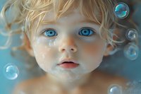 Dreamy portrait of young child with bright blue eyes and blonde curly hair surrounded by floating soap bubbles against soft blue background. Gentle lighting creates ethereal mood.