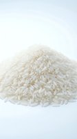 Pile of white long-grain rice isolated on white background, suitable for food packaging, culinary websites, grocery advertising, and nutrition-related design projects.