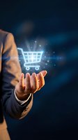 Businessman hand holding glowing shopping cart icon with sparkles on dark blue background for ecommerce and online retail marketing concepts.