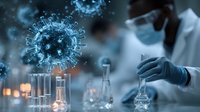 Medical scientist in protective mask and gloves conducting research with laboratory glassware against backdrop of blue virus cell visualization.