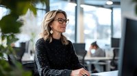 Professional businesswoman in glasses and black sweater working at computer in modern office space with natural lighting and plants, contemplative expression.
