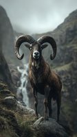 Wild mountain goat with curved horns standing on rocky terrain in misty valley with waterfall and steep cliffs, suitable for wildlife and nature photography.