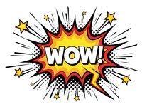 Comic book explosion bubble with WOW text in bold letters surrounded by radiating lines and stars on white background for graphic design projects.