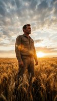 Middle-aged male farmer in work clothes standing in golden wheat field at sunset, surveying crops with dramatic sky overhead.