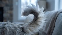 Fluffy dog tail wagging in cozy home interior with soft natural lighting creating peaceful domestic atmosphere for pet care and animal wellness content.