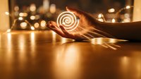 Hands holding glowing spiral symbol with warm bokeh lights creating magical atmosphere for meditation, energy healing, and spiritual wellness concepts.