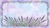 Lavender flowers with ornate purple scrollwork border on soft watercolor background, suitable for invitations, greeting cards, and decorative design projects.