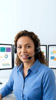 Professional mixed-race female customer service representative with headset smiling at modern office workstation with multiple computer monitors displaying data.