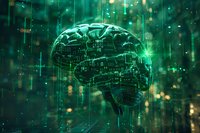 Digital brain with circuit patterns glowing in emerald green matrix environment with falling data streams and particles, representing artificial intelligence.