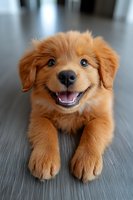 Adorable golden retriever puppy with happy expression lying on wooden floor, fluffy coat and bright blue eyes, playful pet portrait for family content.