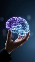Human hand holding glowing holographic brain with purple and blue neon lights against dark background for medical technology and neuroscience concepts.
