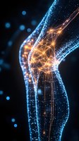 Glowing digital visualization of human knee joint with network connections and light particles showing anatomy and neural pathways on dark background.