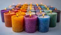 Colorful aromatic candles arranged in rows with glowing flames. Various shades from brown to orange, purple, blue and green create peaceful ambiance for spa and meditation.