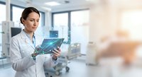 Female doctor examining digital medical data on tablet in modern hospital setting with advanced technology interface for healthcare innovation.