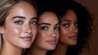 Diverse female faces with natural makeup and glowing skin showing beauty in different ethnicities. Close up portrait of multicultural women with confident expressions.