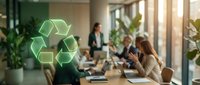 Corporate team discussing green recycling initiatives in modern sustainable office environment with eco-friendly practices and environmental responsibility focus.