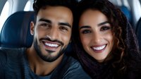 Young diverse couple smiling in car backseat, showing genuine joy and connection. Middle Eastern man with beard and Latin American woman with curly hair express happiness.