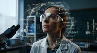 Female scientist with safety glasses analyzing data projections in modern laboratory with microscope and digital formulas overlay for research presentations.