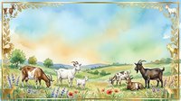 Pastoral farm scene with goats grazing in meadow surrounded by decorative floral border frame for rustic home decor and agricultural themed designs.